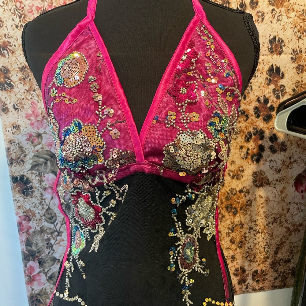Embellished Pink and Black Halter Blouse